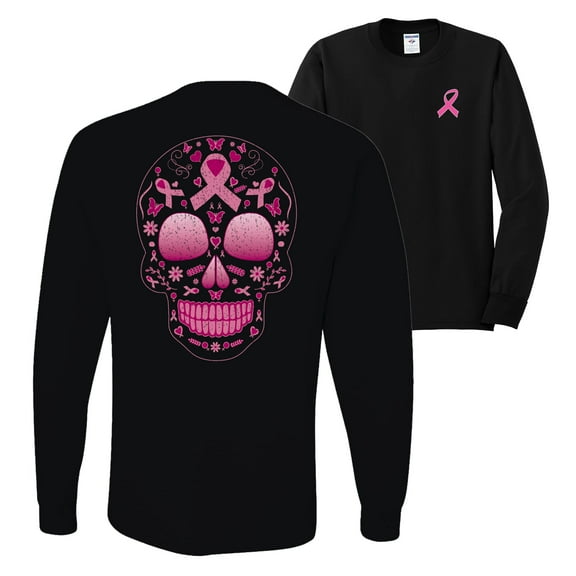 Wild Bobby Pink Breast Cancer Sugar Skull Breast Cancer Awareness Front and Back Mens Long Sleeve Shirt, Black, Small