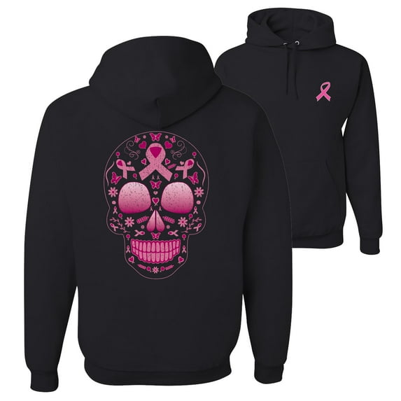 Wild Bobby Pink Breast Cancer Sugar Skull Breast Cancer Awareness Front and Back Unisex Hoodie Sweatshirt, Black, Small