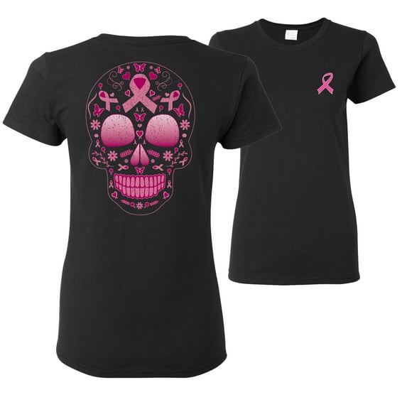 Wild Bobby Pink Breast Cancer Sugar Skull Breast Cancer Awareness Front and Back Womens Graphic T-Shirt, Black, Small