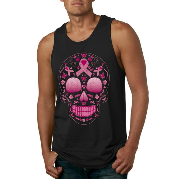 Wild Bobby Pink Breast Cancer Sugar Skull Breast Cancer Awareness Men Tank Top, Black, Large