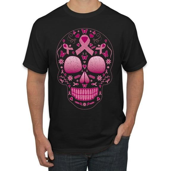 Wild Bobby Pink Breast Cancer Sugar Skull Breast Cancer Awareness Men Tee, Black, 3X-Large