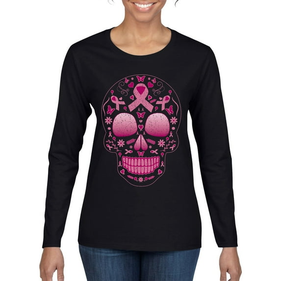 Wild Bobby Pink Breast Cancer Sugar Skull Breast Cancer Awareness Women Graphic Long Sleeve Tee, Black, Small