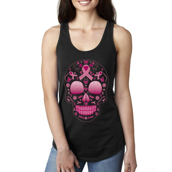Wild Bobby Pink Breast Cancer Sugar Skull Breast Cancer Awareness Women Racerback Tank Top, Black, Small