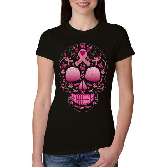 Wild Bobby Pink Breast Cancer Sugar Skull Breast Cancer Awareness Women Slim Fit Junior Tee, Black, Small