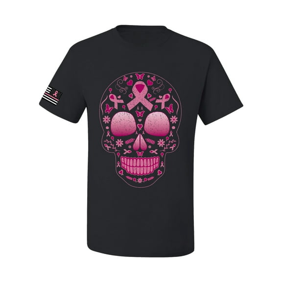 Wild Bobby Pink Breast Cancer Sugar Skull US Flag Breast Cancer Awareness Men Tee, Black, Small