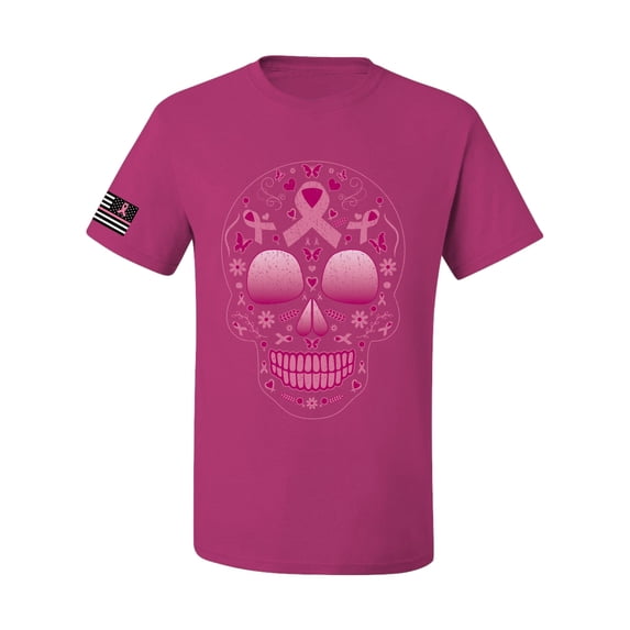 Wild Bobby Pink Breast Cancer Sugar Skull US Flag Breast Cancer Awareness Men Tee, Fuschia, X-Large
