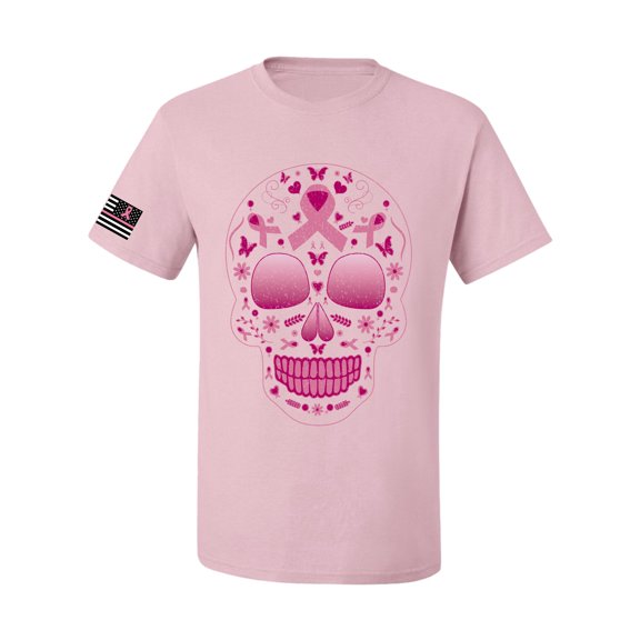 Wild Bobby Pink Breast Cancer Sugar Skull US Flag Breast Cancer Awareness Men Tee, Light Pink, Large