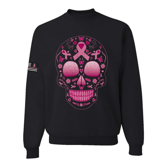 Wild Bobby Pink Breast Cancer Sugar Skull US Flag Breast Cancer Awareness Unisex Crewneck Sweatshirt, Black, XX-Large