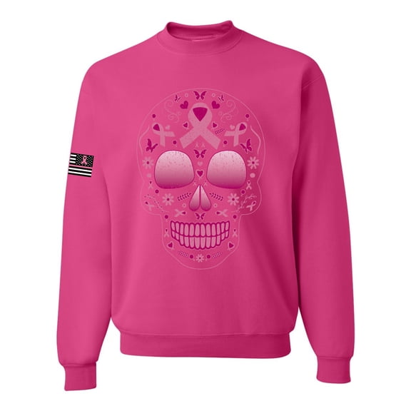 Wild Bobby Pink Breast Cancer Sugar Skull US Flag Breast Cancer Awareness Unisex Crewneck Sweatshirt, Fuschia, Large