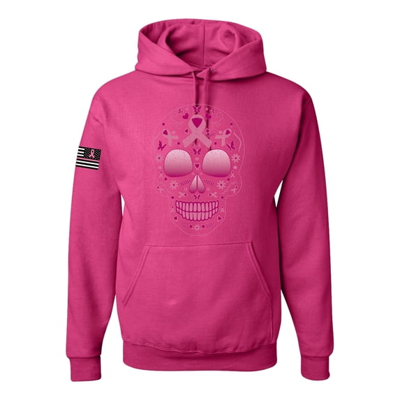 Wild Bobby Pink Breast Cancer Sugar Skull US Flag Breast Cancer Awareness Unisex Hoodie Sweatshirt, Fuschia, X-Large