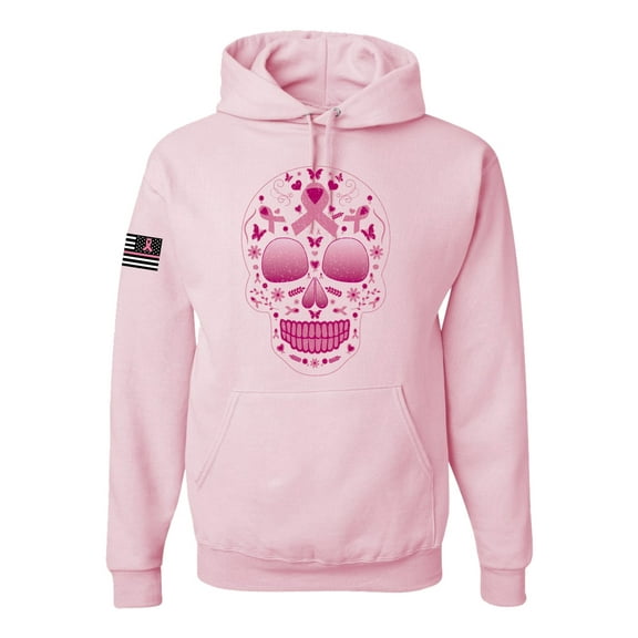 Wild Bobby Pink Breast Cancer Sugar Skull US Flag Breast Cancer Awareness Unisex Hoodie Sweatshirt, Light Pink, Small
