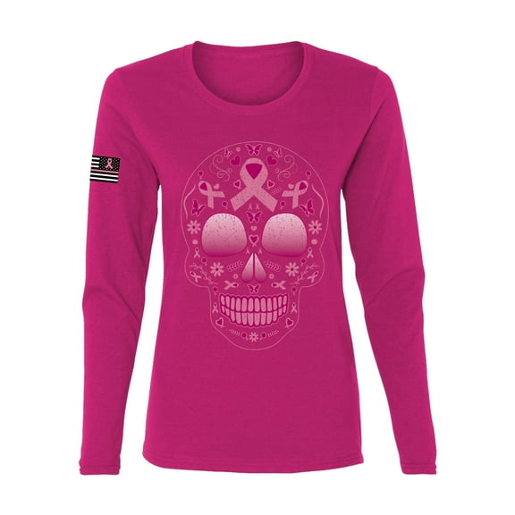 Wild Bobby Pink Breast Cancer Sugar Skull US Flag Breast Cancer Awareness Women Graphic Long Sleeve Tee, Fuschia, Large