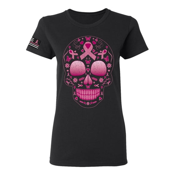 Wild Bobby Pink Breast Cancer Sugar Skull US Flag Breast Cancer Awareness Women Graphic Tee, Black, 3X-Large