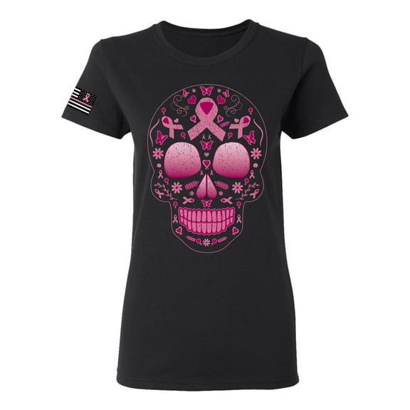 Wild Bobby Pink Breast Cancer Sugar Skull US Flag Breast Cancer Awareness Women Graphic Tee, Black, Small