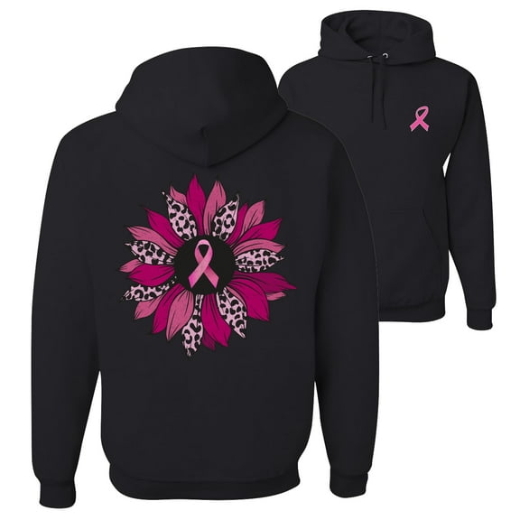 Wild Bobby Pink Cheetah Print Breast Cancer Carnation Flower Breast Cancer Awareness Front and Back Unisex Hoodie Sweatshirt, Black, Small