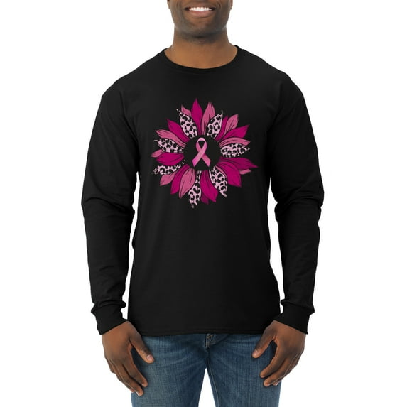 Wild Bobby Pink Cheetah Print Breast Cancer Carnation Flower Breast Cancer Awareness Men Long Sleeve Shirt, Black, XX-Large