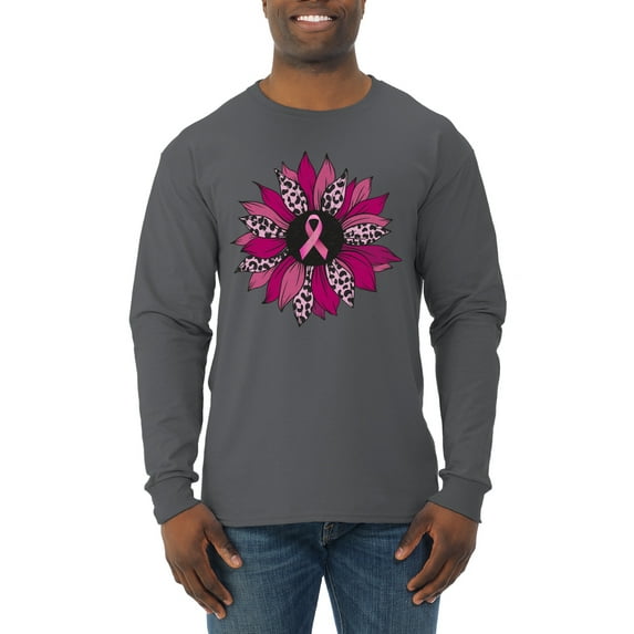 Wild Bobby Pink Cheetah Print Breast Cancer Carnation Flower Breast Cancer Awareness Men Long Sleeve Shirt, Charcoal, 3X-Large