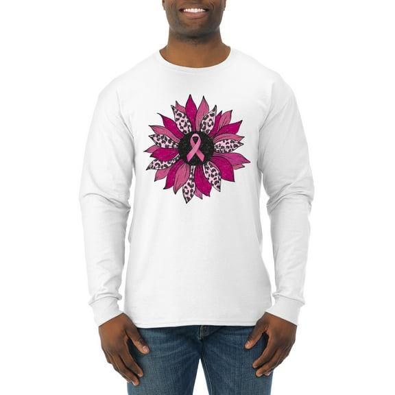 Wild Bobby Pink Cheetah Print Breast Cancer Carnation Flower Breast Cancer Awareness Men Long Sleeve Shirt, White, Medium