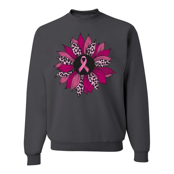 Wild Bobby Pink Cheetah Print Breast Cancer Carnation Flower Breast Cancer Awareness Unisex Crewneck Sweatshirt, Charcoal, Medium