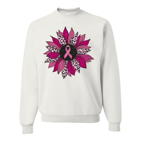 Wild Bobby Pink Cheetah Print Breast Cancer Carnation Flower Breast Cancer Awareness Unisex Crewneck Sweatshirt, White, X-Large