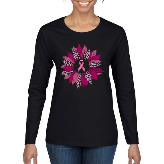 Wild Bobby Pink Cheetah Print Breast Cancer Carnation Flower Breast Cancer Awareness Women Graphic Long Sleeve Tee, Black, Small