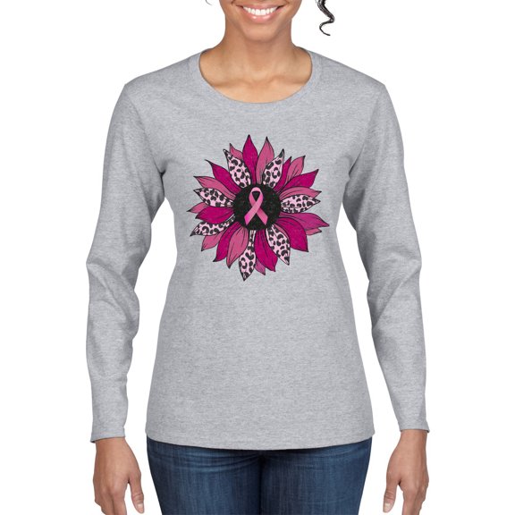Wild Bobby Pink Cheetah Print Breast Cancer Carnation Flower Breast Cancer Awareness Women Graphic Long Sleeve Tee, Heather Grey, Small