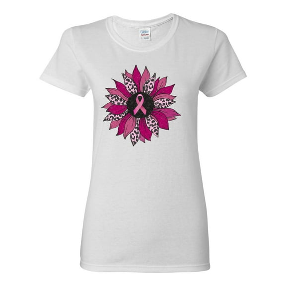 Wild Bobby Pink Cheetah Print Breast Cancer Carnation Flower Breast Cancer Awareness Women Graphic Tee, White, Medium