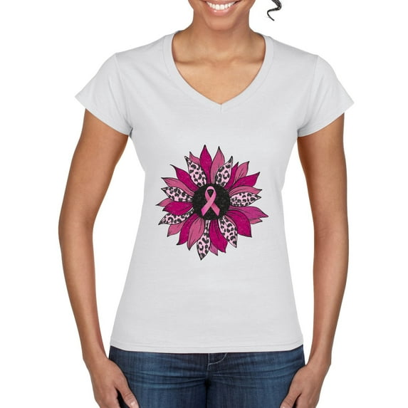 Wild Bobby Pink Cheetah Print Breast Cancer Carnation Flower Breast Cancer Awareness Women Standard V-Neck Tee, White, X-Large