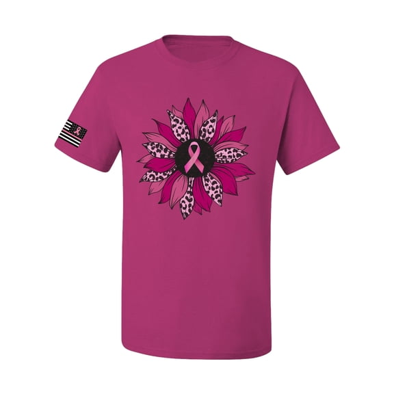 Wild Bobby Pink Cheetah Print Breast Cancer Carnation Flower US Flag Breast Cancer Awareness Men Tee, Fuschia, XX-Large
