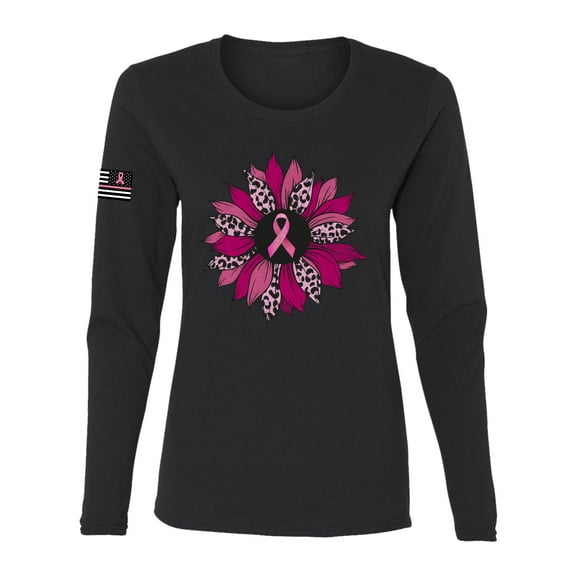Wild Bobby Pink Cheetah Print Breast Cancer Carnation Flower US Flag Breast Cancer Awareness Women Graphic Long Sleeve Tee, Black, Small