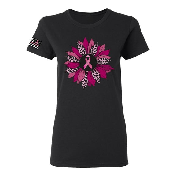 Wild Bobby Pink Cheetah Print Breast Cancer Carnation Flower US Flag Breast Cancer Awareness Women Graphic Tee, Black, Small