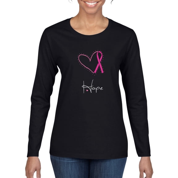 Wild Bobby Pink Heart Love Hope Support Women Breast Cancer Awareness Women Graphic Long Sleeve T-Shirt, Black, Small