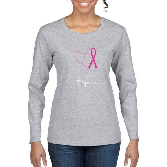 Wild Bobby Pink Heart Love Hope Support Women Breast Cancer Awareness Women Graphic Long Sleeve T-Shirt, Heather Grey, Large