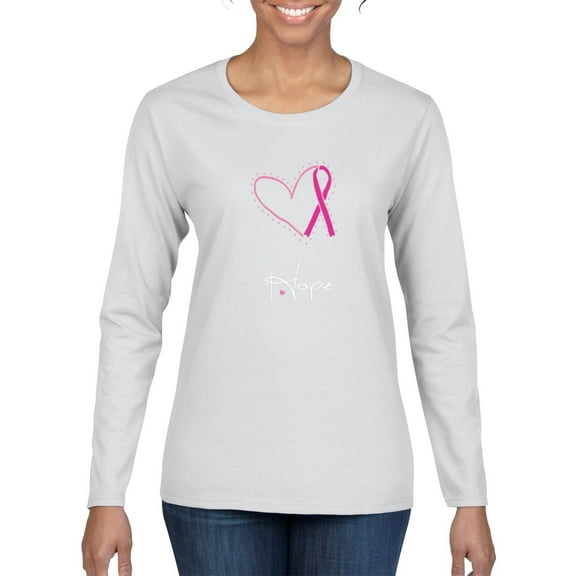 Wild Bobby Pink Heart Love Hope Support Women Breast Cancer Awareness Women Graphic Long Sleeve T-Shirt, White, Medium