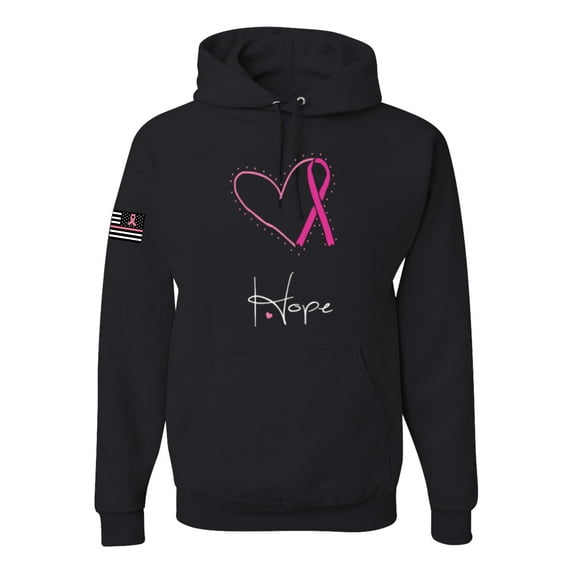 Wild Bobby, Pink Heart Love Hope Support Women USA Flag Sleeve Breast Cancer Awareness Unisex Hoodie Sweatshirt, Black, XX-Large