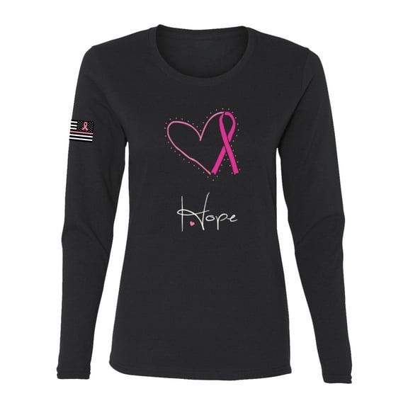 Wild Bobby, Pink Heart Love Hope Support Women USA Flag Sleeve Breast Cancer Awareness Women Long Sleeve Tee, Black, Small