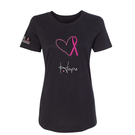 Wild Bobby, Pink Heart Love Hope Support Women USA Flag Sleeve Breast Cancer Awareness Women Slim Fit Junior Tee, Black, Medium