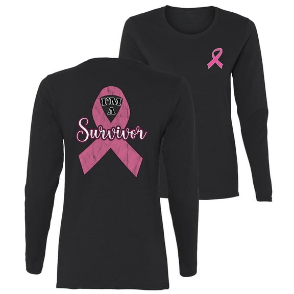 Wild Bobby Pink I'm A Breast Cancer Survivor Breast Cancer Awareness Front and Back Womens Graphic Long Sleeve T-Shirt, Black, Medium
