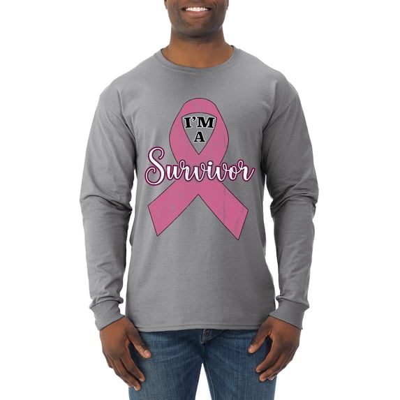 Wild Bobby Pink I'm A Breast Cancer Survivor Breast Cancer Awareness Men Long Sleeve Shirt, Heather Grey, XX-Large
