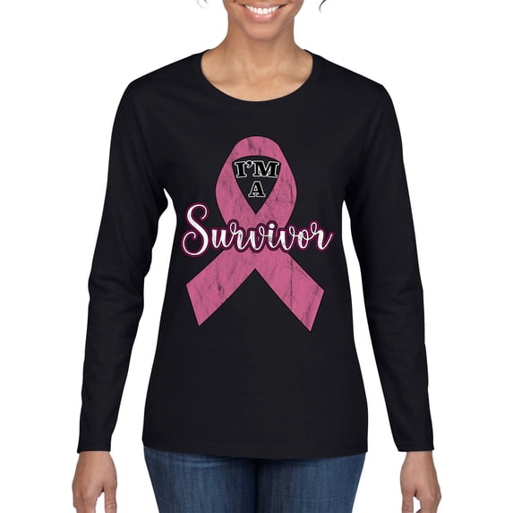 Wild Bobby Pink I'm A Breast Cancer Survivor Breast Cancer Awareness Women Graphic Long Sleeve Tee, Black, XX-Large