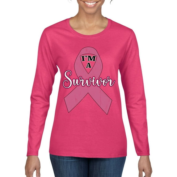 Wild Bobby Pink I'm A Breast Cancer Survivor Breast Cancer Awareness Women Graphic Long Sleeve Tee, Fuschia, Medium