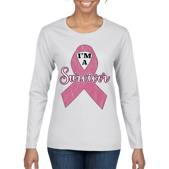 Wild Bobby Pink I'm A Breast Cancer Survivor Breast Cancer Awareness Women Graphic Long Sleeve Tee, White, XX-Large