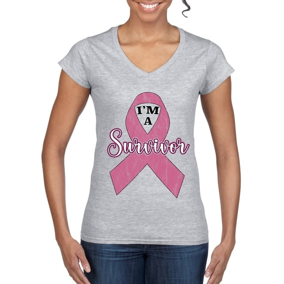 Wild Bobby Pink I'm A Breast Cancer Survivor Breast Cancer Awareness Women Standard V-Neck Tee, Heather Grey, X-Large