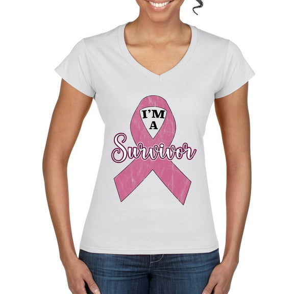 Wild Bobby Pink I'm A Breast Cancer Survivor Breast Cancer Awareness Women Standard V-Neck Tee, White, X-Large
