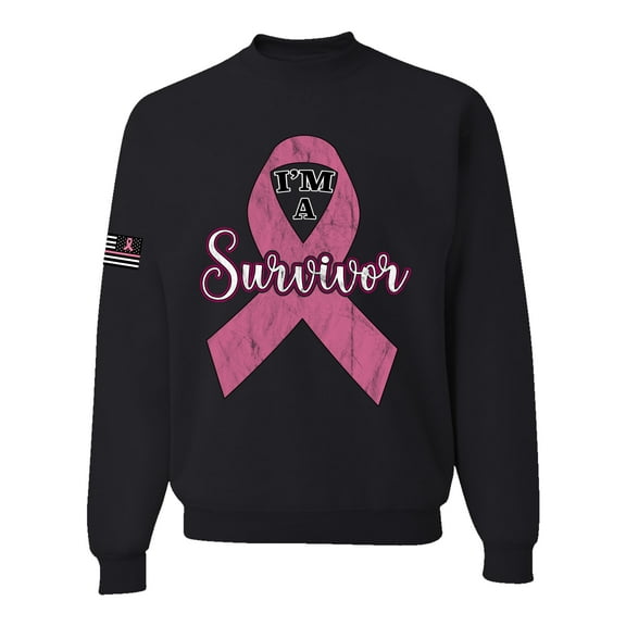 Wild Bobby Pink I'm A Breast Cancer Survivor US Flag Breast Cancer Awareness Unisex Crewneck Sweatshirt, Black, XX-Large