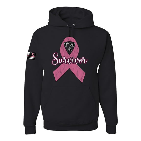 Wild Bobby Pink I'm A Breast Cancer Survivor US Flag Breast Cancer Awareness Unisex Hoodie Sweatshirt, Black, Small