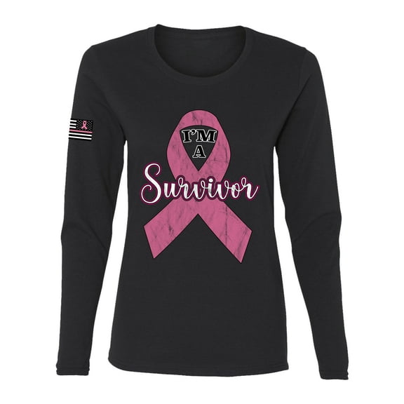 Wild Bobby Pink I'm A Breast Cancer Survivor US Flag Breast Cancer Awareness Women Graphic Long Sleeve Tee, Black, Small