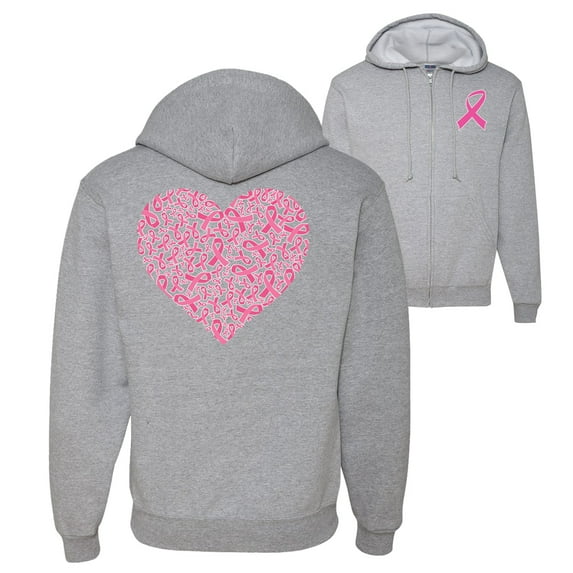 Wild Bobby, Pink Ribbon Heart, Breast Cancer Awareness, Front and Back Graphic Zip Up Hoodie Sweatshirt, Heather Grey, X-Large