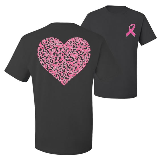 Wild Bobby, Pink Ribbon Heart, Breast Cancer Awareness, Front and Back Men Graphic Tee, Charcoal, Large