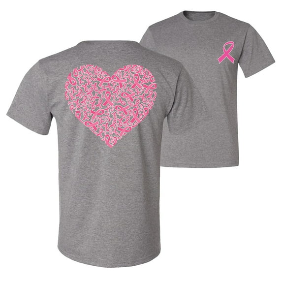 Wild Bobby, Pink Ribbon Heart, Breast Cancer Awareness, Front and Back Men Graphic Tee, Heather Grey, Medium